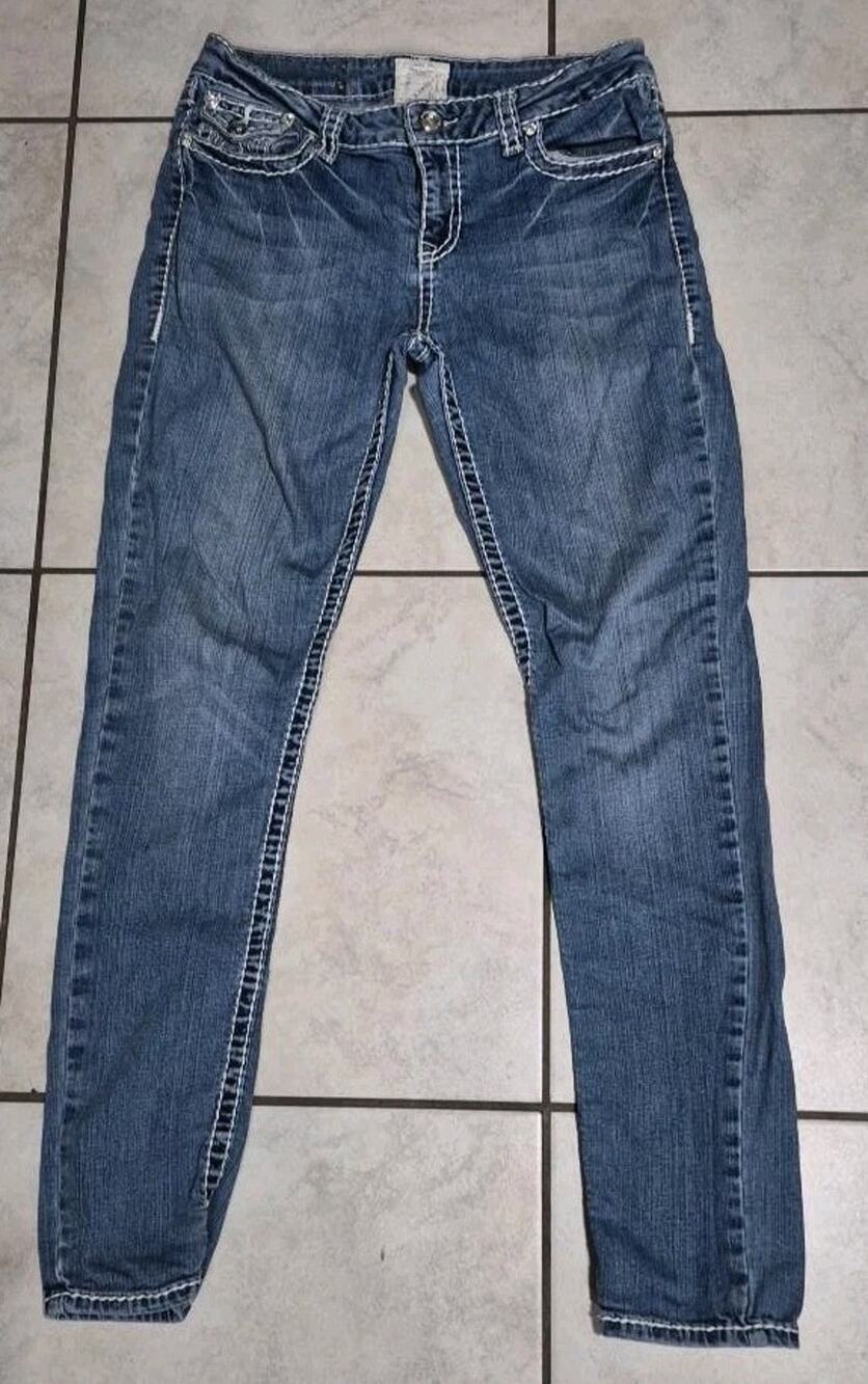 LA Idol Jeans Juniors 11 W33 L31.5 Y2K Rhinestone Flap Pocket Bootcut Blue